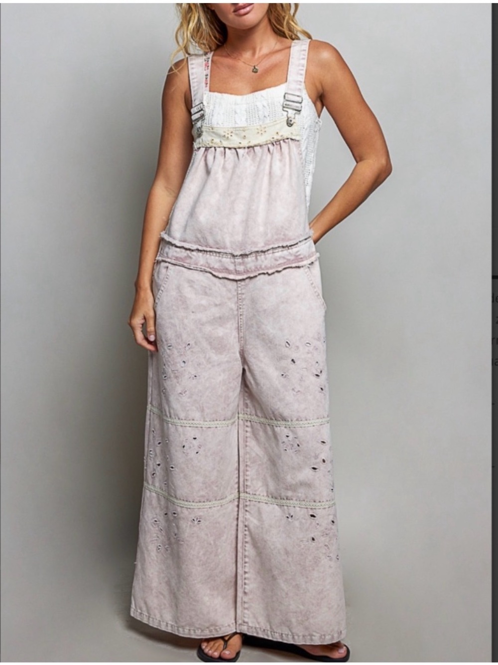 NWOT POL “Susan” Washed Blush Wide-Leg Overalls Jumpsuit with Eyelet Details
